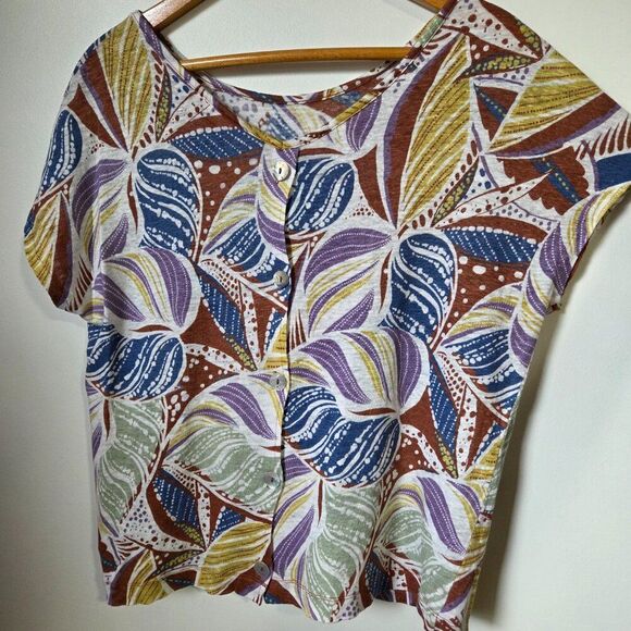 EUC FOLIAGE PRINT 100% LINEN CAP SLEEVES TOP SIZE MEDIUM WOMENS - Picture 4 of 16